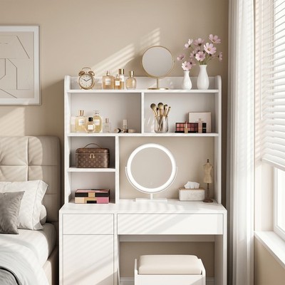 37'' Wide White Desk Organizer Monitor Stand with Open Storage Cubbies