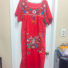 Handmade Women s Red Mexican Embroidered Floral Bird Cotton Dress One Size