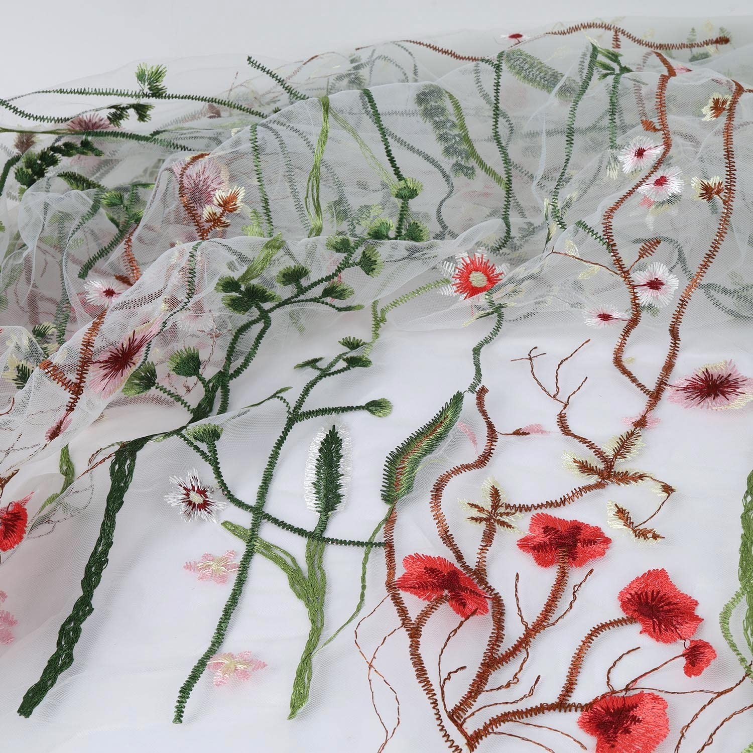 Tela de encaje con bordado floral, tul con flores y plantas para coser vestidos