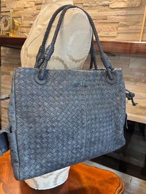 Artisan Woven Genuine Ostrich Leather Tote Bag   Slate Grey   Intrecciato Style