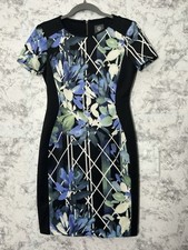 Vince Camuto Short Sleeve Sheath Black Dress Floral Panel Sz 4 EUC