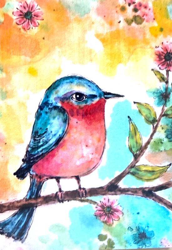 OOAK Bluebird ACEO Original Bird Painting Watercolor Mixed Media Miniature