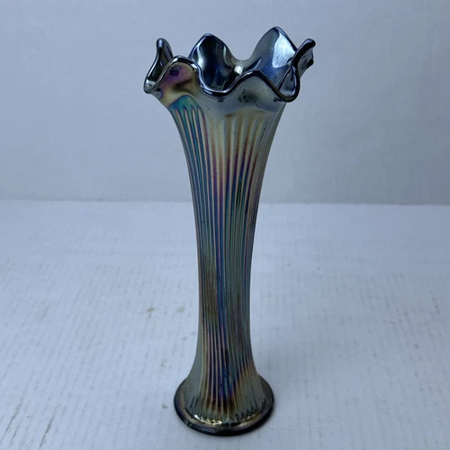 Fenton Fine Ribbed Cobalt Carnival Glass Stretch Vase 10” Chipped As Is