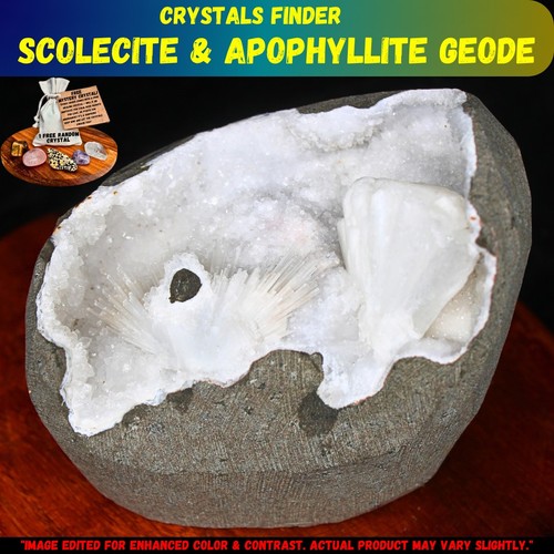 Scolecite w/ Apophyllite Cluster In Geode Matrix Minerals Specimen + 1 Amethyst - Picture 1 of 17