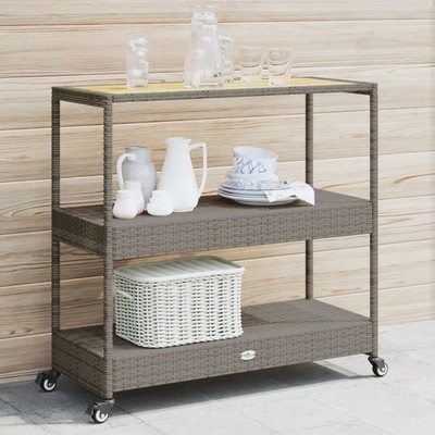 vidaXL 3-stöckiger Barwagen aus grauem Polyrattan und Akazienholz
