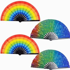 4PCS Rainbow Hand Fans Large Folding Fans for Women, Large Holographic Rainbo...