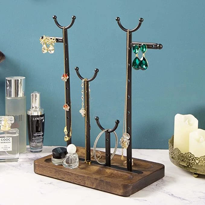 Dark Brown Jewelry Organizer Stand, Metal Necklace Hanger and Earring  Storage