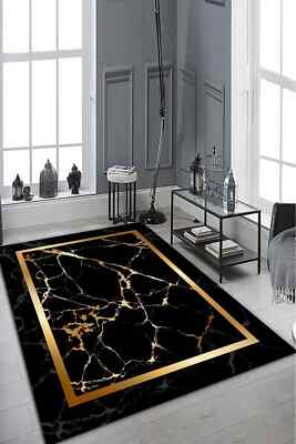 Black Gold Marble Patterned Washable Non-Slip Decorative Living Room Kitchen Rug