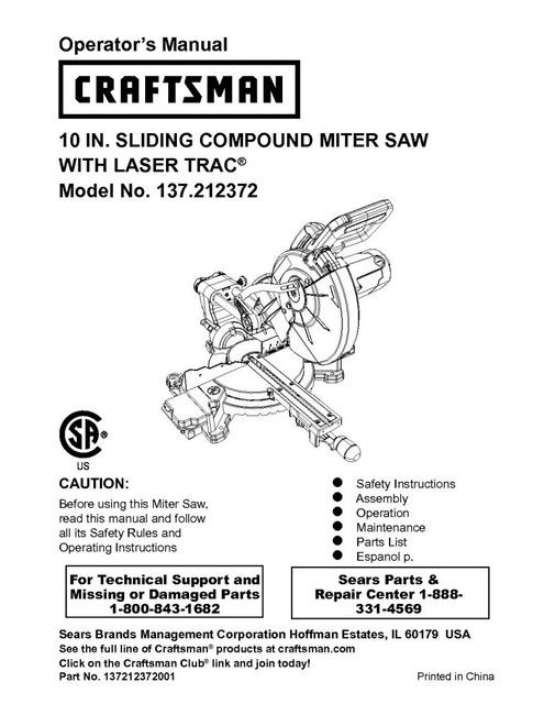 Craftsman 137.212372 Miter Saw Owners Instruction Manual eBay