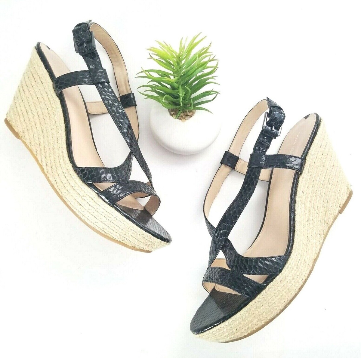 Via Spiga Espadrille Wedge Sandals Black Snake Print Leather Heels