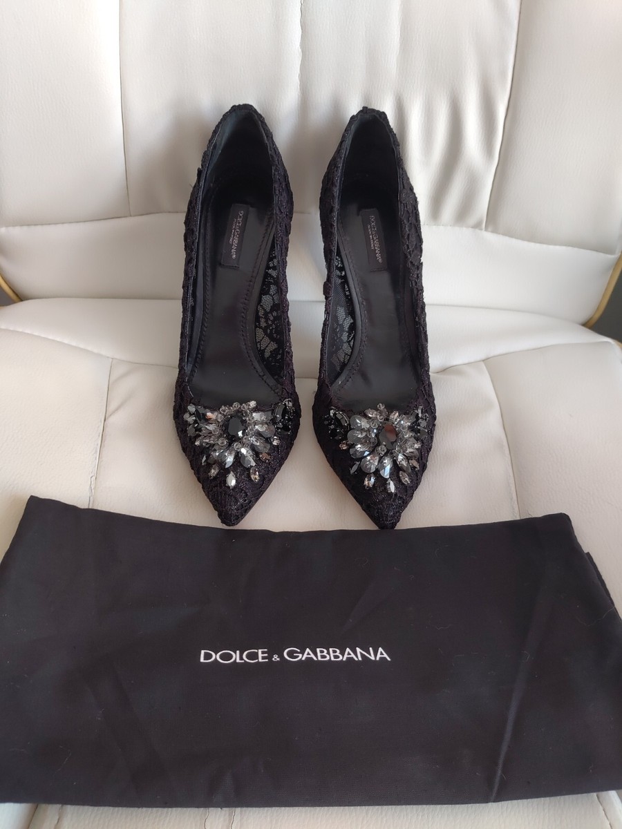 Dolce & Gabbana Black Lace Crystal Embellished Heels Pumps