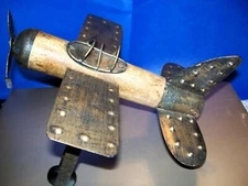 Tin Metal & Wood Decorative Old Time Airplane 9" X 10" Moving Propeller