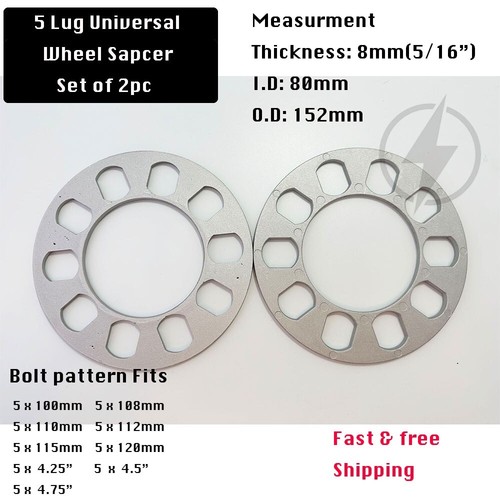 2 Wheel Spacers 8mm (5/16") Universal Fits 5x100 5x108 5x112 5x114.3