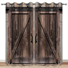 Rustic Wooden Barn Door Blackout Curtains Vintage Brown Wood Door Farmhouse C...