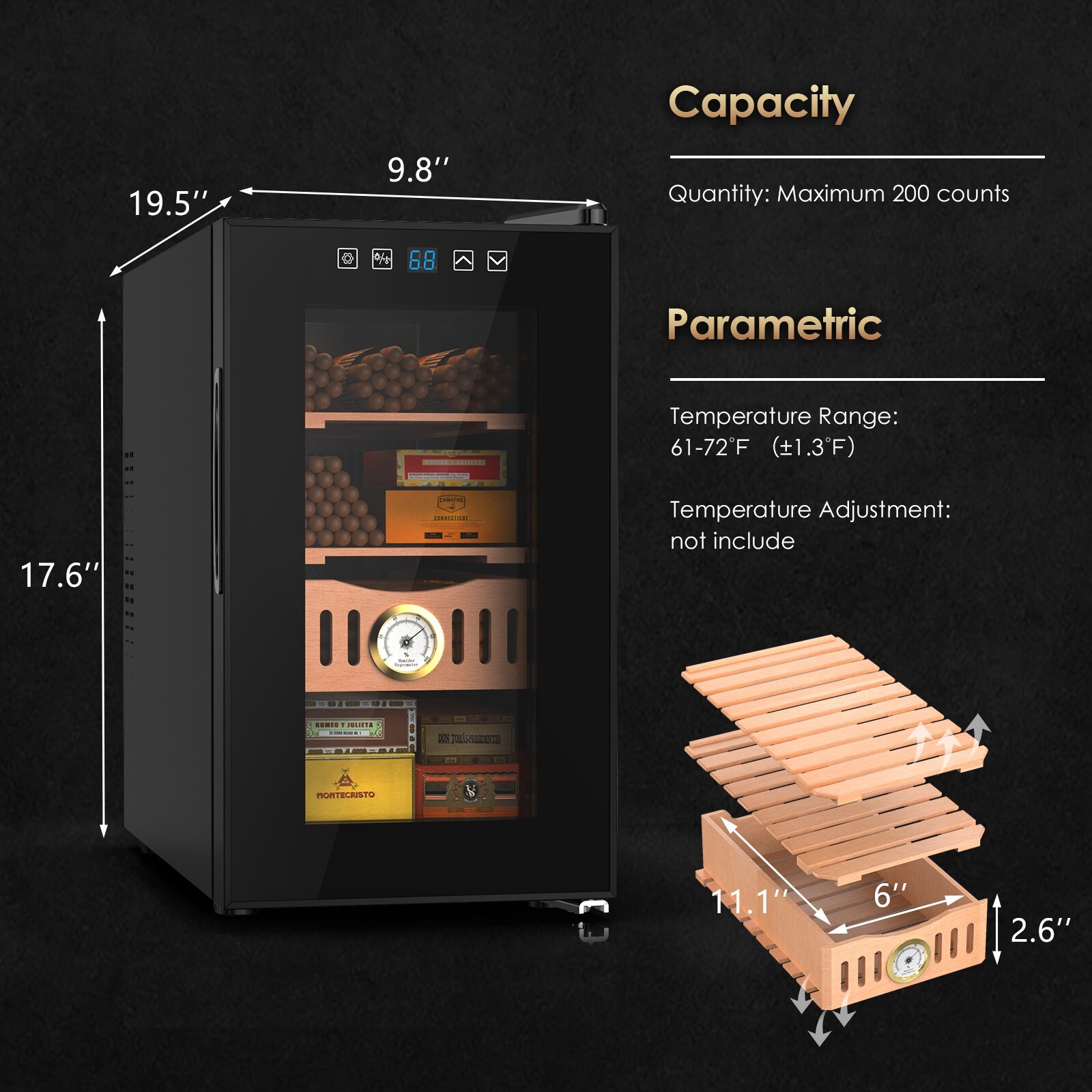 25L Electric Cigar Humidor with Spanish Cedar Wood Shelves 200 Capacity ...