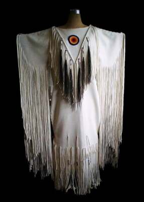 Women's White Leather Long Fringes Beaded Wedding Dress Powwow Regalia