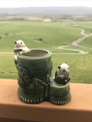 Vintage Majolica Style Panda Bears on a Bamboo Style Glazed Ceramic ...