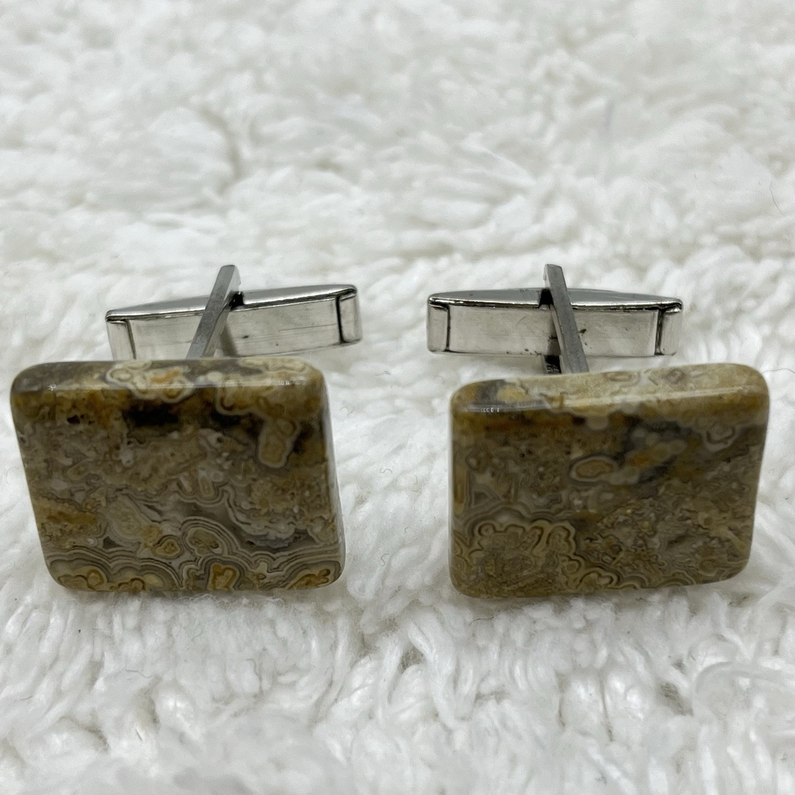 Vintage Fossil Coral Agate Cufflinks Bullet Back Silver Tone