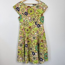 Fit and Flare Floral Dress Womens L/XL Fit Yellow Green Retro Mod Garden Party