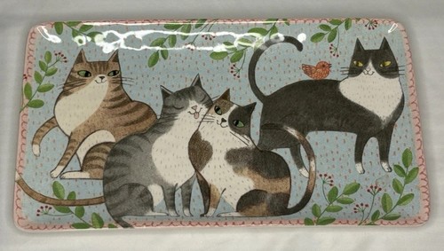Pier 1 Eisenstein 14" x 8" Serviertablett/Platte Keramik "Katzen im Spiel" EUC - Bild 1 von 14