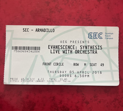 EVANESCENCE Original Ticket Glasgow SEC 5th April 2018 Synthesis Live Tour