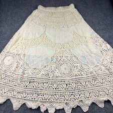 Boho Cream Crochet Lace Embroidered Maxi Skirt Elastic Waist Cream Medium