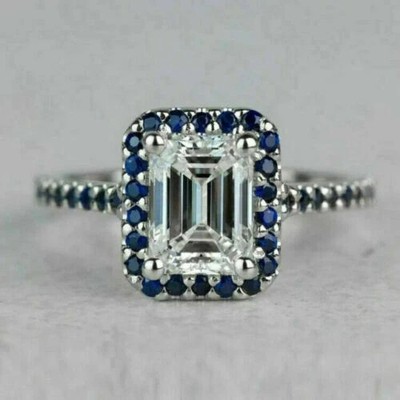 2Ct Emerald Cut Lab-Created Diamond Sapphire Wedding Ring 14k White Gold Plated