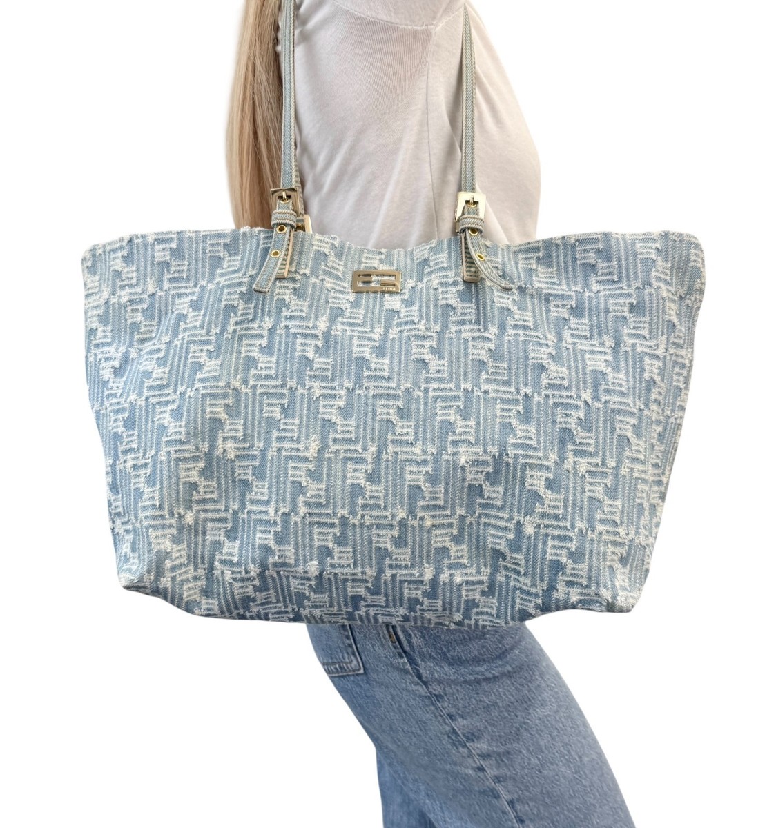 FENDI Vintage Zucca Monogram Denim Shoulder Tote Large Bag Blue FF