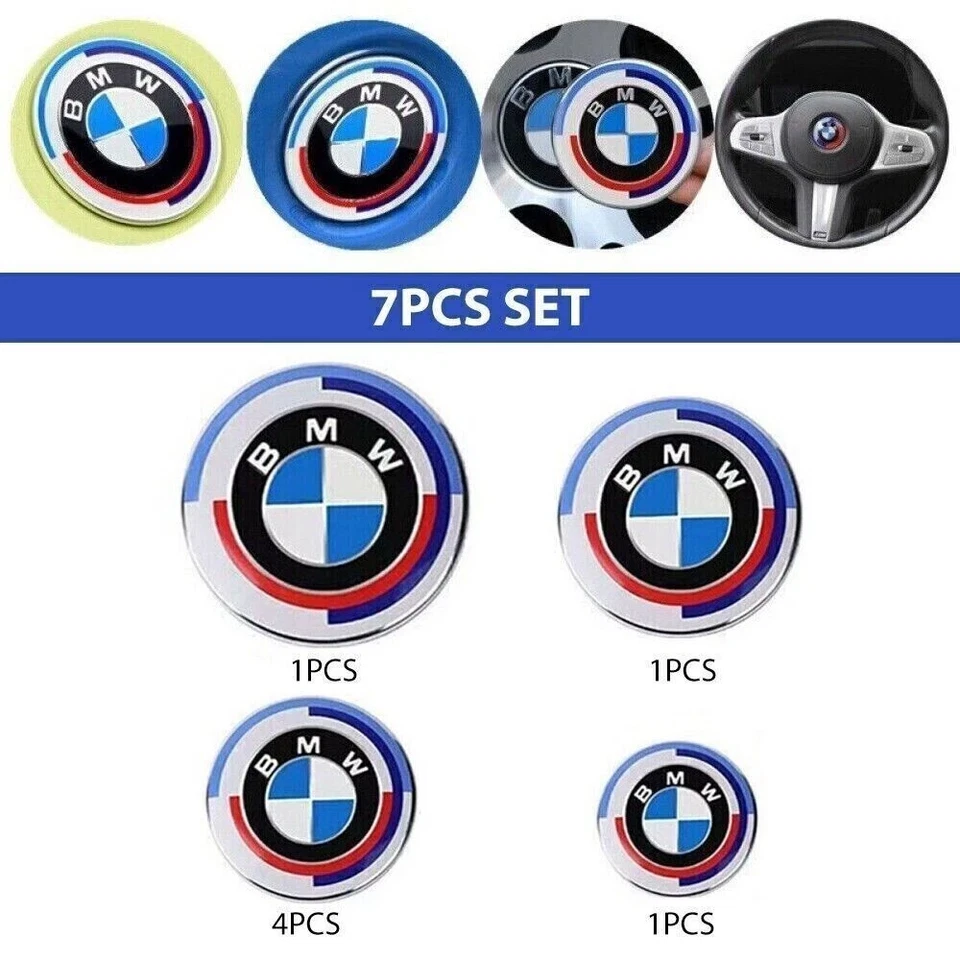 7PCS BMW 50th Anniversary 82mm 74mm 68mm 45mm Wheel Emblem Rim HubCaps Badges - Image 2 of 4