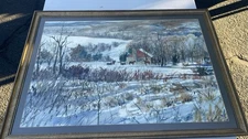 Painting Of Winter Landscape With Barn- Framed 23”x 32” 1975