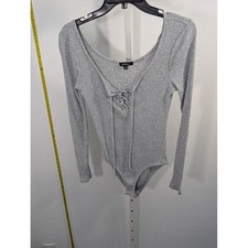 Ambiance Heather Grey Ribbed Lace Up Long Sleeve Bodysuit Medium