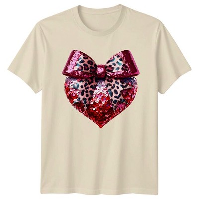 Pailletten Herz Leopardenmuster Schleife Mode Herren Damen Grafik Tee Unisex T-Shirt
