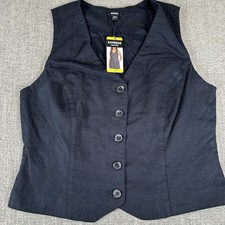 Express Women's Vest M Classic Fit V-Neck Button Up Linen Vest Black Size M