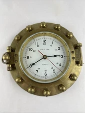 Brass Ships Porthole Quartz Ship's Time Clock 9.25 Diameter Working Vintage