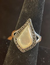 Sterling Silver Mother Of Pearl  Marcasite Cocktail Ring. Size 7.5