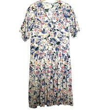 Vintage 80s Express Double Breasted Floral Shirt Dress Pleated Skirt Women Sz M