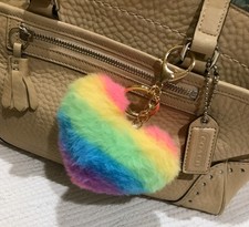 New Rainbow Fluffy Heart PomPom Keychain Bag Charm Keyring Valentines Bday Gift