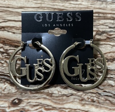 Guess Jewelry Gold Hoop Earrings Guess Logo Spell Out 34mm