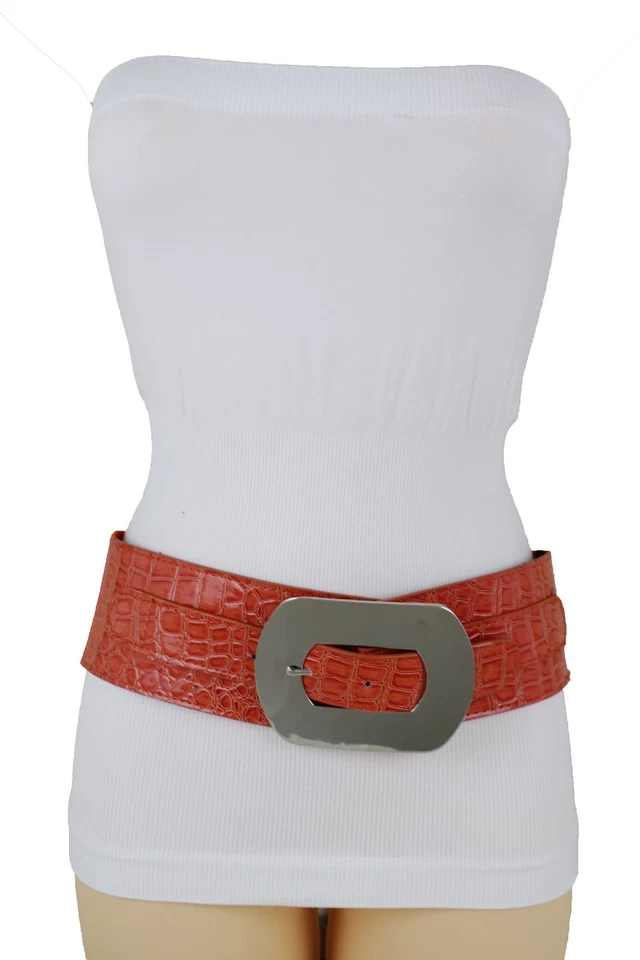 Divertido Cinturón Elástico Ancho Hebilla Cuadrada Metal Plateado para Mujer Cintura Alta Cadera Naranja M L Foto 2 de 4