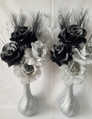SILVER & BLACK GLITTER ROSE FLOWERS, SILVER GLITTER BULB VASES, HANDMADE, 50cm - Picture 6 of 6