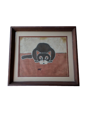 JANE TAMAKO RAFFELD VINTAGE BATIK CAT ON FABRIC SIGNED AND FRAMED