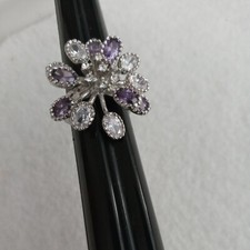 Ladies Silvertone Cocktail Ring W/ Purple, Lavender Clear Stones Size 7