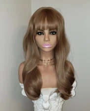 Long Strawberry Blonde Auburn Red Full Wig Human Hair blend layers bangs