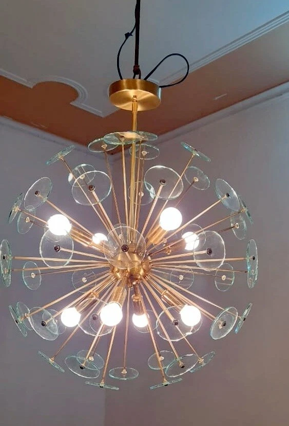 Mid Century 8 light Brass chandelier sea urchin crystal design chandelier - Image 4 of 4
