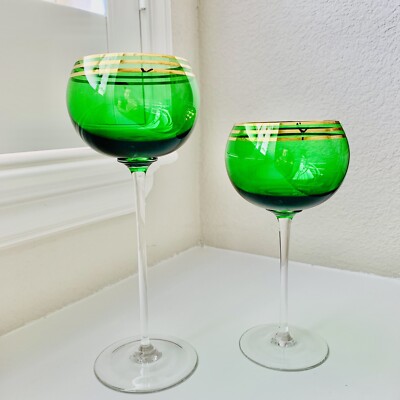 Set Of 2 Rogaska Green w/Gold Rim Crystal Balloon Candle Long Stemmed Holders
