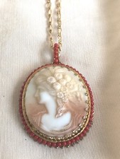 Vintage Necklace CAMEO Coral Bead Accent Goldtone Chain w Clasp