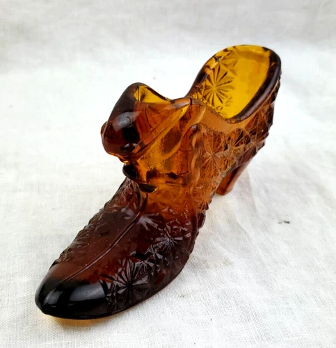 Vintage Fenton Art Glass Amber Honey Daisy Button Cat Head Shoe Slipper
