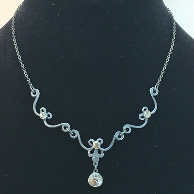 CUE Peter Lang Rhinestone Crystal Glass Antiqued Silver Tone Gunmetal Necklace