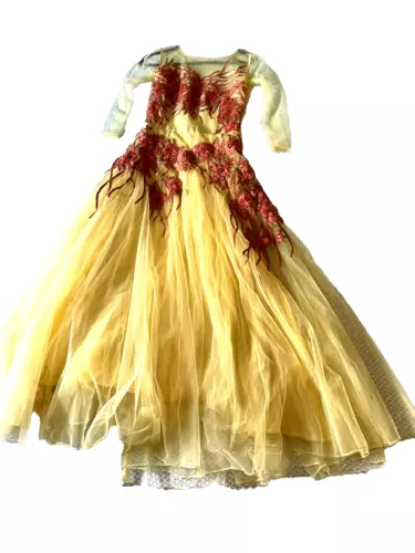 Formal Dress Tulle Yellow w/orange embroidery Vintage 1950s Retro Swing READ