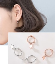 Women Girl Sterling Silver Dangle Star Charm Hoop Stud Earrings Gift Box F28